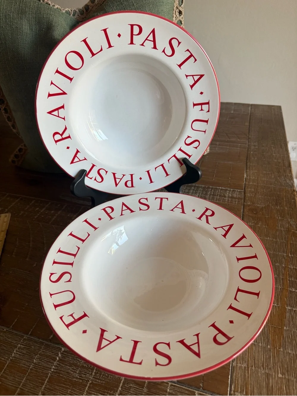 VTG Over and Back White Ceramic Pasta Bowls Red Script 11